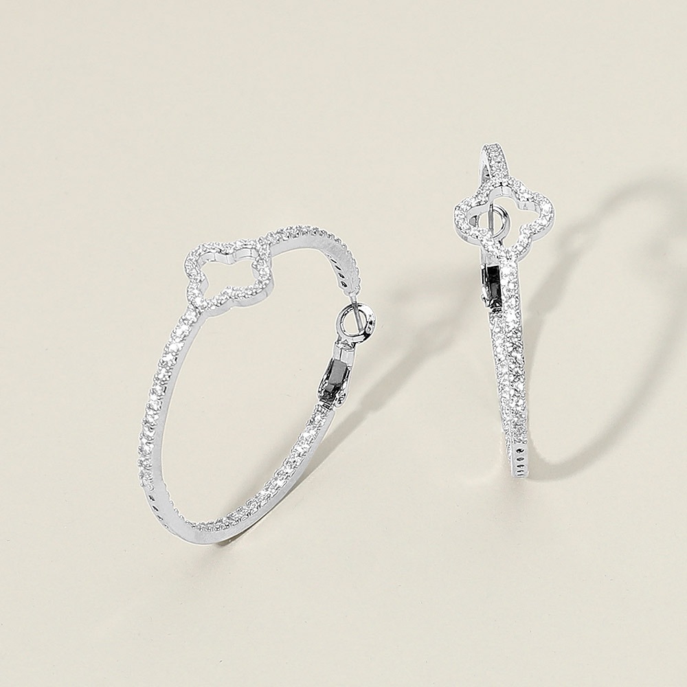 14K Gold Plated CZ Stone Paved Open Quatrefoil Accent Hoop Earrings